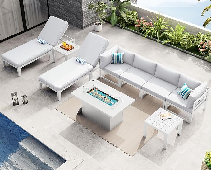 NICESOUL 9 Pcs Oversized Aluminum Patio Furniture Set, 500 lbs Heavy Duty Outdoor Sectional Sofa with Lounge Chair & Fire Pit Table, 29" Deep Wide Seating Conversation Couch for Poolside, Light Gray