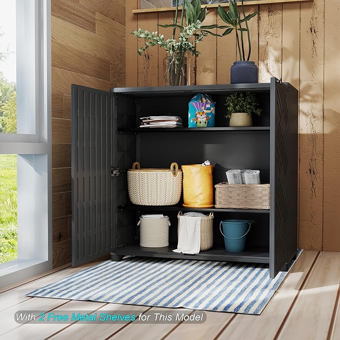 HOMSPARK Indoor/Outdoor Storage Cabinet with Doors and 2 Metal Shelves, 34”x15”x34” HDPE Plastic Storage Box for Patio, Garden, Enterway, Balcony, Multi-Purpose for Daily Tools, Black