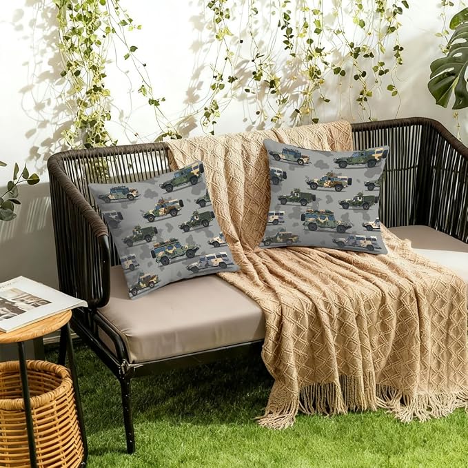 16x16 Inch Outdoor Pillow Covers Set of 2 Waterproof Throw Pillow Covers Decorative Couch Cushion Covers Army Vehicles Theme Square Pillowcases Protectors for Patio Garden Sofa