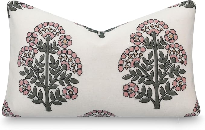 Crumbs Home Modern Farmhouse California Casual Indoor Outdoor Lumbar Pillow Cover, 12"x20" Water Repellent for Patio, Backyard, Couch, Green Dark Rose Block Print Hydrangea Flowers