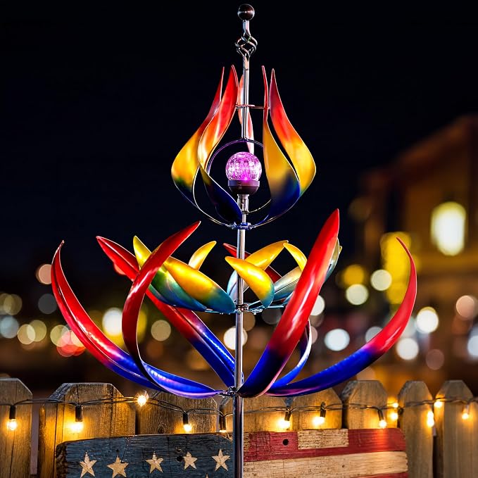 107" Large Solar Wind Spinner Outdoor Metal - 3-Tier Kinetic Wind Sculptures with LED Glass Ball Light, Multi-Color Tulip Windmills for Yard Garden Decor, Patio Porch Lawn Ornament Gardening Gifts