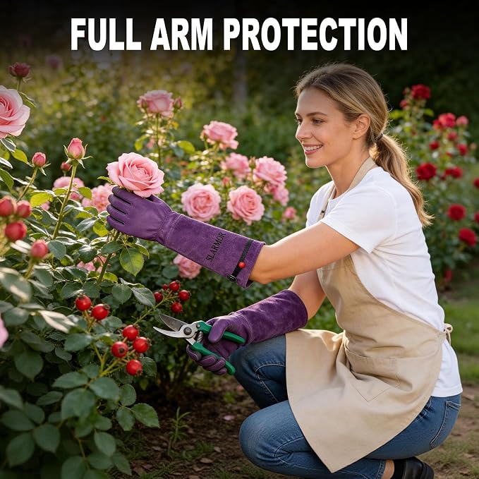 Gardening Gloves for Women Men, Long Thorn Proof Rose Pruning Glove | Womens Long Leather Garden Glove, Heavy Duty Gauntlet, Work Glove for Weeding, Yard Planting, Best Garden Gifts for Gardener