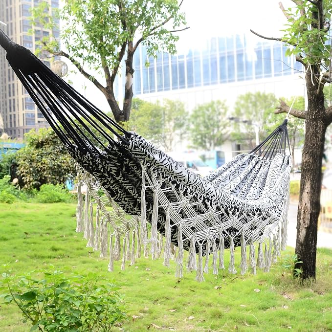 Black with Wirte Bohemian Striped Fringe Double Hammock - Soft Cotton Fabric Outdoor Indoor Hanging Bed with Durable Ropes, Space-Saving Design for Garden, Patio, Backyard, Porch, Beach Camping