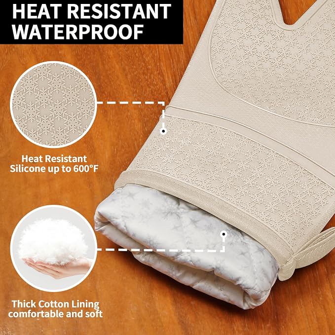 Hovico Silicone Oven Mitts, Heat Resistant 500F Kitchen Mitts 2PCS, 11.6" BPA-Free Soft Baking Gloves, Non-Slip Grip Oven Gloves with Soft Cotton Lining for Kitchen Cooking Baking BBQ - Apricot