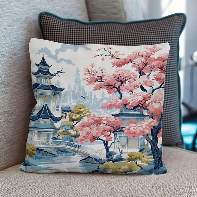 Cushion Cases Chinoiserie Pagoda White Coral Blue Pillowcase Classic Chinoiserie Chic Asian Pillow Cover Accent Farmhouse Decor Pillow for Patio Garden Couch Tent 18x18 in