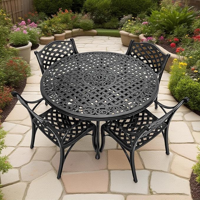 5 Pieces Cast Aluminium Patio Dining Set for 4-6 Person,Round 48" Patio Table and Chairs Set of 4 with 2.3" Umbrella Hole,Outdoor Patio Furniture Dining Set for Porch Backyard Deck, Black