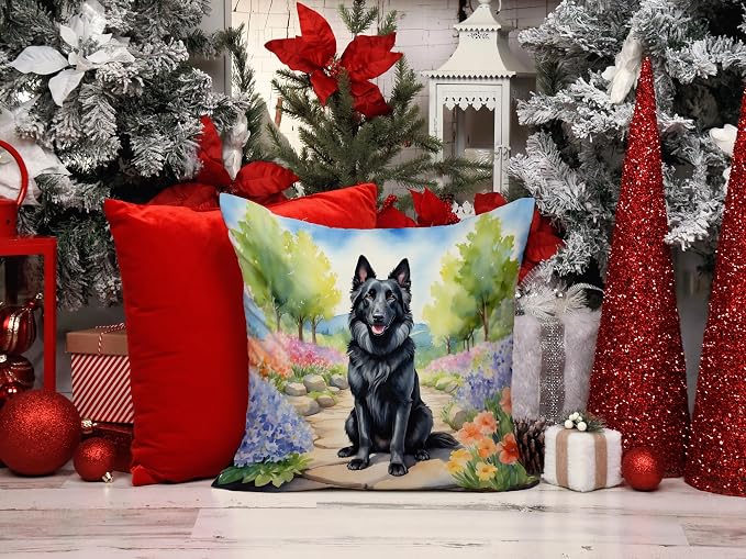 Caroline's Treasures Belgian Sheepdog Spring Path Throw Pillow Machine Washable, Indoor Outdoor Decorative Pillow for Couch, Bed or Patio, 14Hx14W