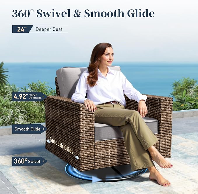 SUNSHINE VALLEY Swivel Glider 6 Piece Outdoor Furniture Set with Swivel Chairs, Wicker Patio Furniture with 4.92" Wide Armrest, 26.3" Deep Seating and 5.5" Thick Cushions, Grey