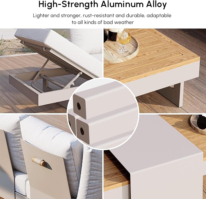 homary 4-Piece Modular Outdoor Sofa Set, Aluminum & Teak Patio Conversation Set with 600D Waterproof Covers, Adjustable Backrests, Fade-Resistant Cushions for Patio, Balcony, Deck