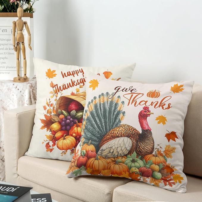 Set of 2 Thanksgiving Throw Pillow Covers 18x18 Turkey with Autumn Pumpkin Pillow Covers Fall Harvest Pillow Case Square Cushion Case for Living Room Couch