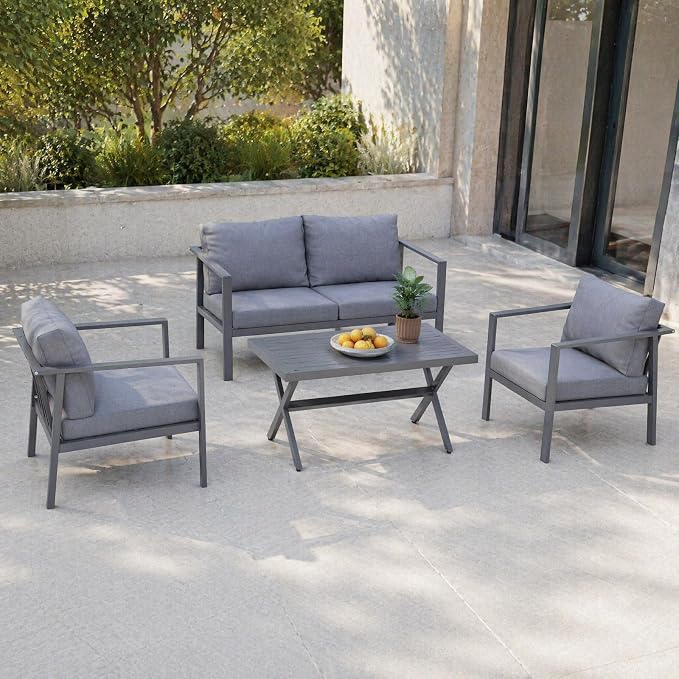 Aluminum Patio Sectional Furniture Set, 4 Piece Patio Conversation Sets Outdoor Patio Furniture Set Sofa with Coffee Table & Washable Cushions Grey