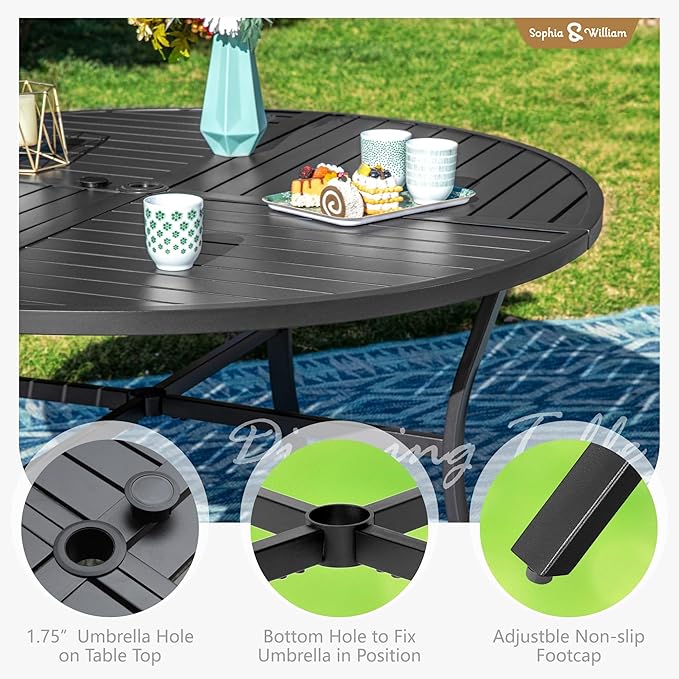 Sophia & William 7 Pieces Round Patio Dining Set for 6, Metal Patio Table and Rattan Chairs Set for Outside, All Weather Outdoor Dining Set with 1.6" - 2" Umbrella Hole