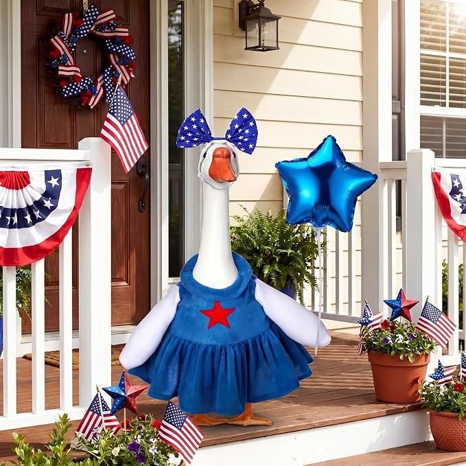 Soulchen 1 Set 4th of July Porch Goose Outfit 23 Inch Patriotic Red White Blue Cement Goose Clothes Dress and Headband Set for 250th Anniversary Independence Day Holiday Garden Yard Decor