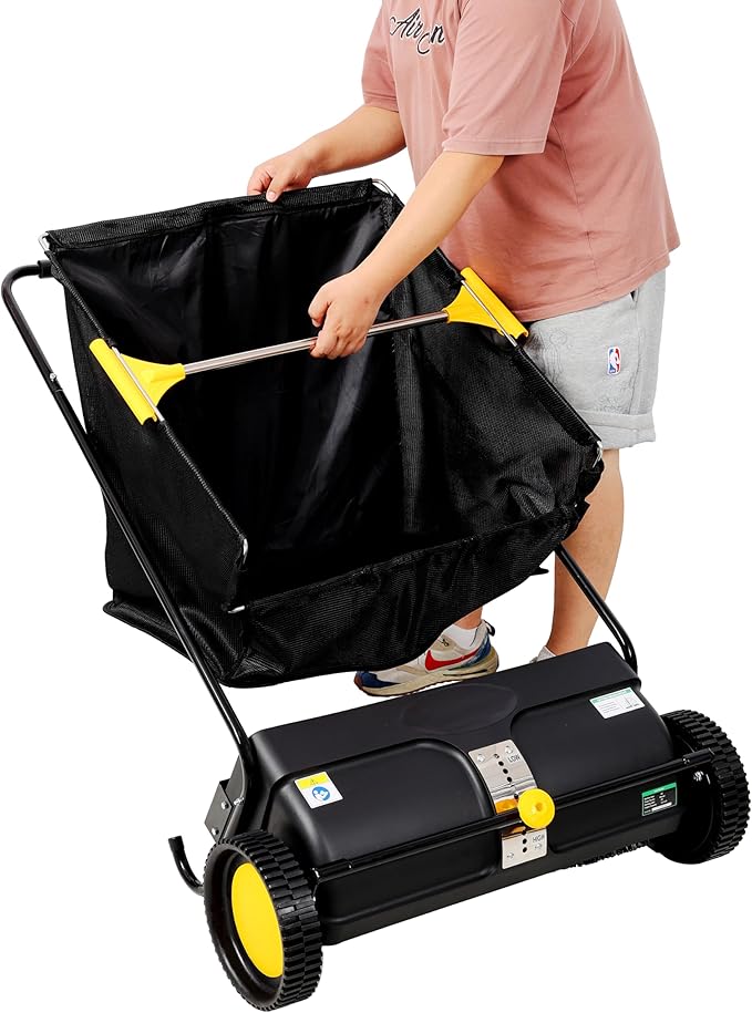 Push Lawn Sweeper, 26 in Leaf & Grass Collector with 7 cu. ft. Hopper Bag, Heavy Duty Yard Sweeper, Adjustable Spinning Brushes Height for Leaves Grass Cleanup (26 Inch)