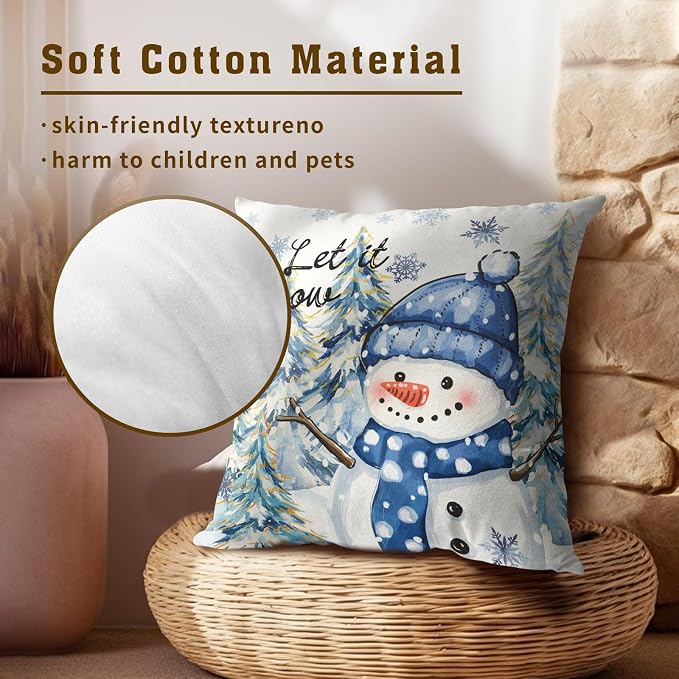 Winter Throw Pillow Covers Set of 2, 16x16 Inch – Snow Snowman Pine Trees Holiday Cotton Hidden Zipper Pillowcases for Couch Sofa Bed Porch Farmhouse Seasonal Home Decor