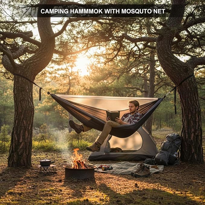 Portable Camping Hammock for Outdoor Relaxation, Lightweight Breathable Hammock with Quick Setup Straps, Ideal for Backyard, Travel, Hiking Adventures, Comfortable Hammock
