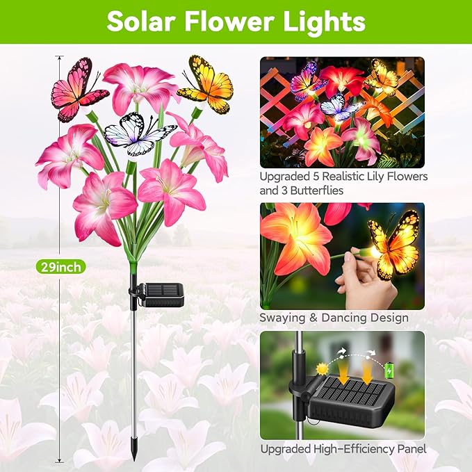 Solar Garden Lights Outdoor, 8 Pack Lily Solar Flowers with Butterfly, 64 LED 800mAh Waterproof Solar Flowers for Outside, 7 Color Changing Adjustable Stems for Yard Patio Garden Decor, Gift for Mom