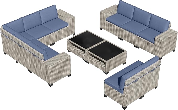 12-Piece Outdoor Patio Furniture Set, Modular Sectional Sofa Set with Glass Coffee Table and Cushions, Wicker Outdoor Couch Conversation Sets, Blue