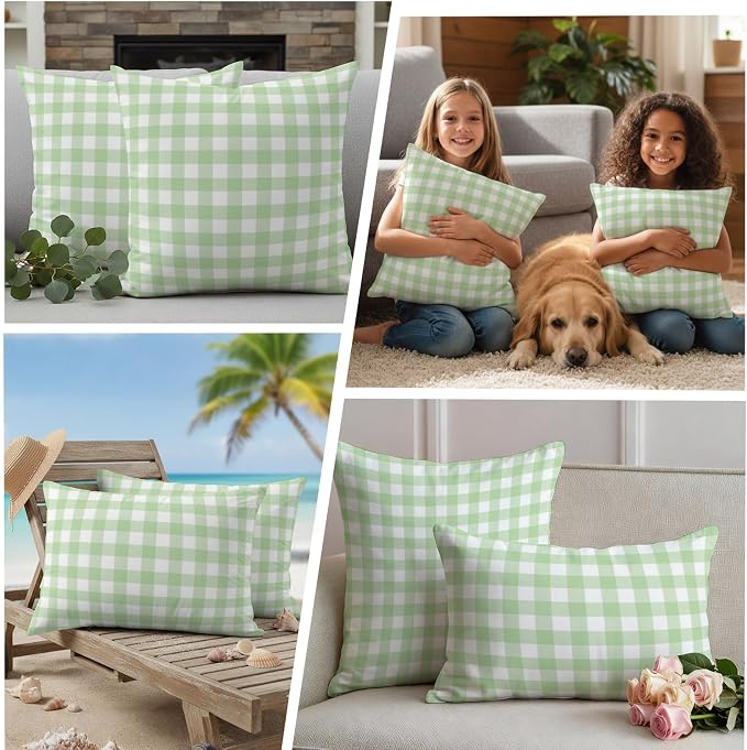 Mint Green Checks Outdoor Pillow Covers 20"x20" Set of 2, Gingham Plaid Abstract Modern Minimalist Waterproof Throw Pillow Covers for Patio Furniture, Decorative Cushion Covers for Porch
