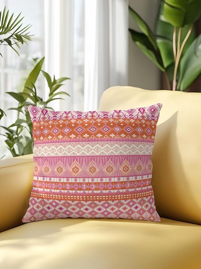 Waterproof Outdoor Pillow 1 Pack Red Bohemian Decorative Throw Pillows Cover & Insert 18x18 Inch Pillowcase Boho Style Floral Leaves Geometric Pillows for Couch Sofa Bed Patio Furniture Indoor Outdoor