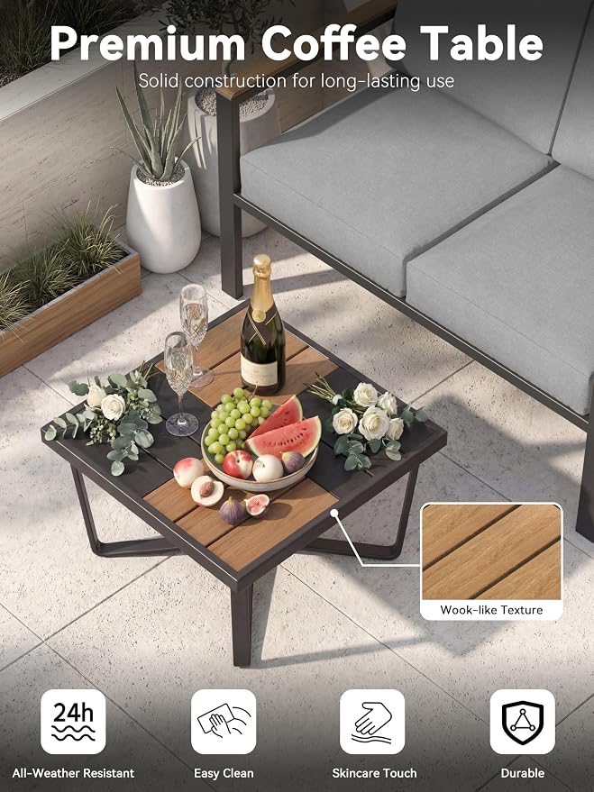 4-Piece Patio Furniture Set with Coffee Table & Removable Washable Cushions, All-Weather Metal Frame and Wood-Like Armrests for Porch, Garden, Balcony,Grey