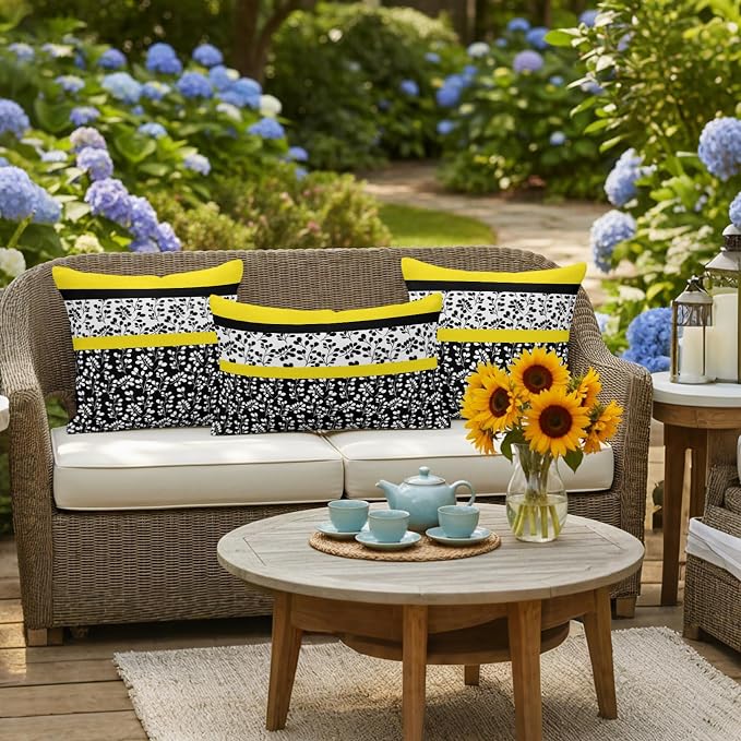 Black Yellow Outdoor Pillow Covers 16x16 Inch Throw Pillow Covers Set of 2 Waterproof Decorative Pillow Cases Garden Floral Stripe Aesthetic Flower Boho Cushion Covers for Patio Furniture Garden Couch