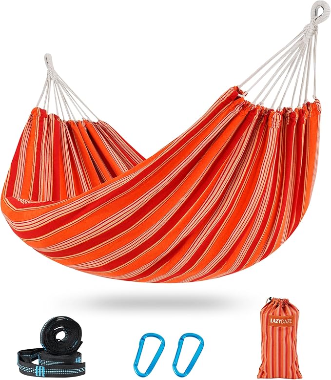 Lazy Daze Hammocks Double Brazilian Cotton Hammock, Extra Large Portable Outdoor Camping Hammock with Tree Straps & Travel Bag for Backyard Patio Poolside Indoor, 550lbs Capacity, Red Stripe