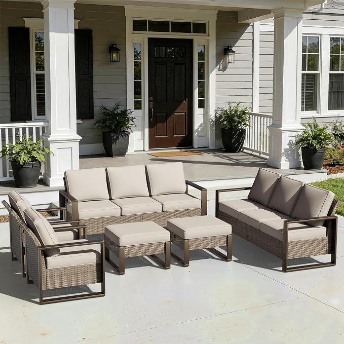 Joyside Outdoor Patio Chairs, 5 Pieces Wicker Rattan Furniture Set, 2 Patio Chairs, 2 Sofa and 2 Ottoman, Metal Wide Armrest, Thick Cushions and Deep Seating for Garden, Backyard, Porch, Deck