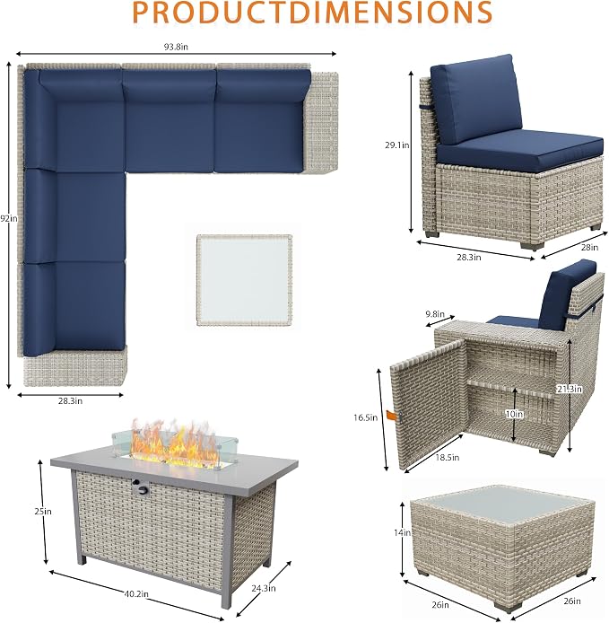 7 Piece Patio Furniture Set, 8" Wide Arm Sectional Sofa Set with 50000 BTU Propane Fire Pit Table & Coffee Table, Rattan Outdoor Conversation Set for Garden, Porch, Lawn, Blue
