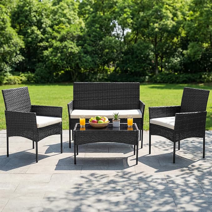 DUMOS 4 Piece Patio Furniture Set, All-Weather Outdoor Wicker Conversation Set with Removable Cushions & Tempered Glass Coffee Table, for Porch, Balcony, Lawn, Backyard Black