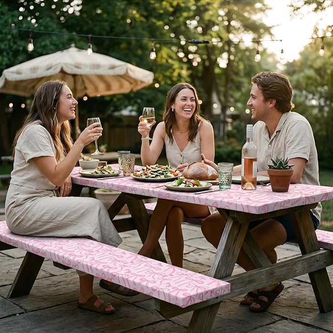 SmoothNovelty Pink Bow Picnic Table Cover with Bench Covers for 6 ft Tables, Fitted Elastic Polyester Waterproof Camping Tablecloth for Women Birthday Party Supplies Cute Patio Picnic BBQ Decor