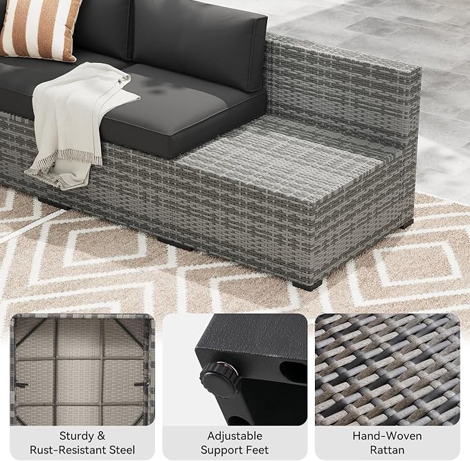 LazySunsets 7-Piece Patio Furniture Set, Wicker Rattan Outdoor Furniture with Thick Cushions, Patio Conversation Sets with Coffee Table, Outdoor Sectional Couch Sofa, Black