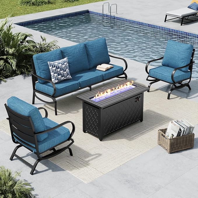 MFSTUDIO 4 Piece Patio Conversation Sets, All Weather Metal Frame Outdoor Furniture Set Patio Sofas with 1 x 45 Rectangular Fire Pit Table, 1 x 3-Seat Sofa, 2 x Rocking Chairs, Peacock Blue Cushion