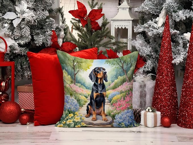 Caroline's Treasures Black and Tan Coonhound Spring Path Throw Pillow Machine Washable, Indoor Outdoor Decorative Pillow for Couch, Bed or Patio, 14Hx14W