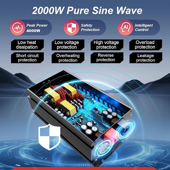 2000W Power Inverter 12V to 110V 120V AC Pure Sine Wave Inverter for RV Truck Camping,Outdoor Off-Grid Power Converter with LCD Display,Wired Controller,AC Outlets USB Port(12V-2000Watt)