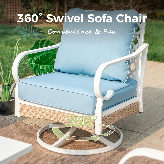 MIXPATIO 4 Piece Patio Furniture Set, 2 x Swivel Chair, 1 x 3-Seat Sofa with Marbling Coffee Table, All Cushioned 5 Seats Outdoor Conversation Set for Lawn Garden Backyard, Blue