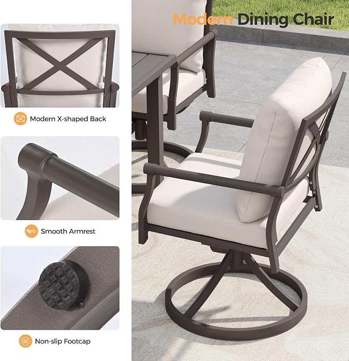 HAPPATIO Patio Dining Set, Metal Outdoor Table and Chairs Set for 6, Powder-Coated Swivel Rocking Chairs with Thickened Cushions, 60" Rectangular Table with 1.5" Umbrella Hole for Deck Backyard Lawn