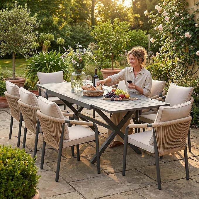 SUNSITT 9 Piece Outdoor Patio Dining Set, 65" - 107" Metal Expandable Outdoor Dining Table with X-Shape Legs, 8 Woven Wicker Patio Chairs w/Curved Backrest for Garden, Dark Grey
