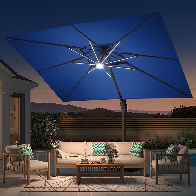 9' X 12' Patio Umbrella with Weighted Base and LED Lights Outdoor Cantilever Large Rectangle Offset Umbrellas Heavy Duty Aluminum Double Top with 360-degree Rotation for Pool Garden Deck, Navy