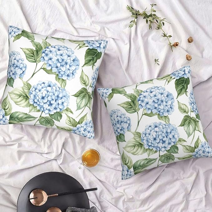 Blue Hydrangea Throw Pillow Covers 20x20 inch Set of 2, Outdoor Waterproof Floral Pillow Cases Flower Decorative Cushion Covers for Spring Patio Garden Decor