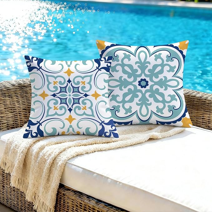 NIGHTWISH Outdoor Waterproof Pillow Covers 18x18 Set of 4 Teal Boho Decorative Throw Pillows Floral Cushion Cases for Patio Furniture Bench Couch Sunbrella