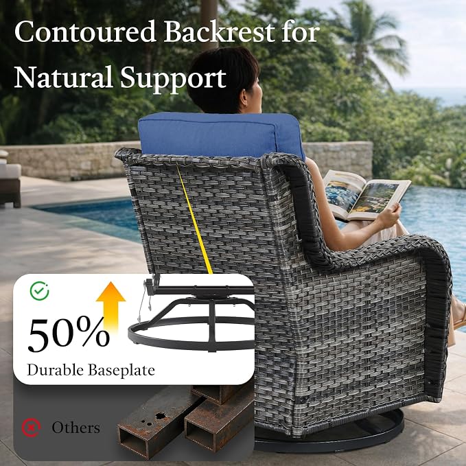 Patio Furniture Set with 41" Fire Pit Table - High Back Patio Conversation Set with 4 Inch Thick Cushions and Deep Seating Swivel Glider Chairs & Outdoor Couch for Porch Deck Yard Pool Brown