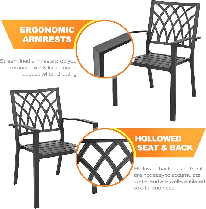 NUU GARDEN 5-Piece Metal Dining Set, 4 Stackable Wide Seat Chairs with 37" Square Table Umbrella Hole, All-Weather Patio Furniture for Backyard Balcony Poolside Lawn Garden,Black