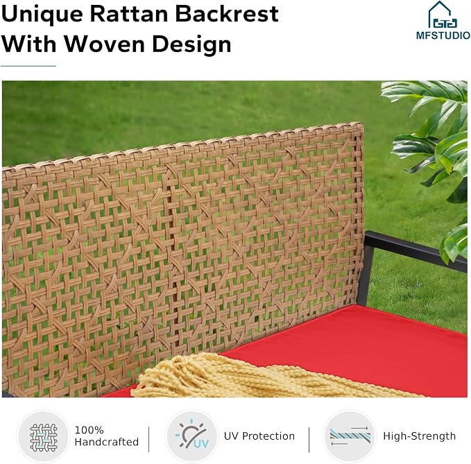 MFSTUDIO 4 Piece Wicker Patio Furniture Set, Small Patio Set with Loveseat & Chaise & Acacia Wood Table, Outdoor Rattan Sectional Furniture, Brown Sofa Couch Set for 4, Red