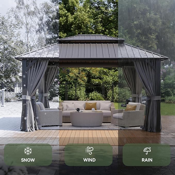 Aoxun 10Ft X 12Ft Hardtop Gazebo, Aluminum Metal Outdoor Gazebo with Breathable Netting and Curtains, Galvanized Steel Double Top, Permanent Patio Pavilion for Backyard, Wedding, Party