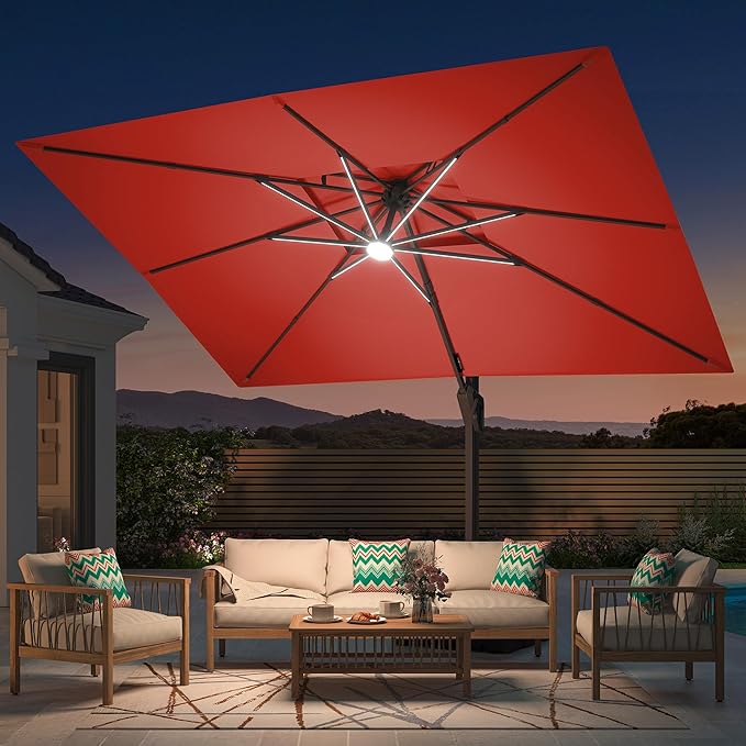10' X 13' Patio Umbrella with Weighted Base and LED Lights Outdoor Cantilever Large Rectangle Offset Umbrellas Heavy Duty Aluminum Double Top with 360-degree Rotation for Pool Garden Deck, Red