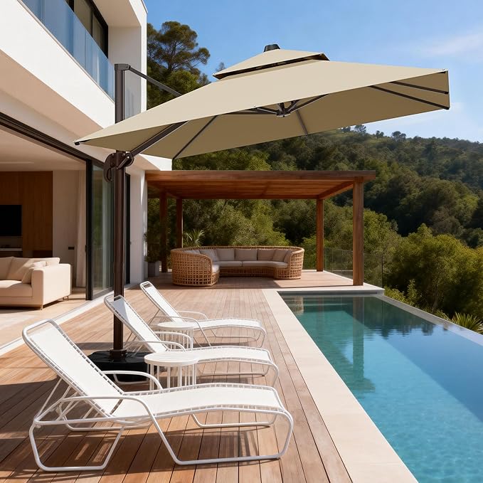 10x10Ft Patio Umbrella Outdoor Cantilever Rectangle Umbrella, 6-Level Tilt & 360° Rotation Offset Umbrella for Garden, Deck, Pool(Beige)