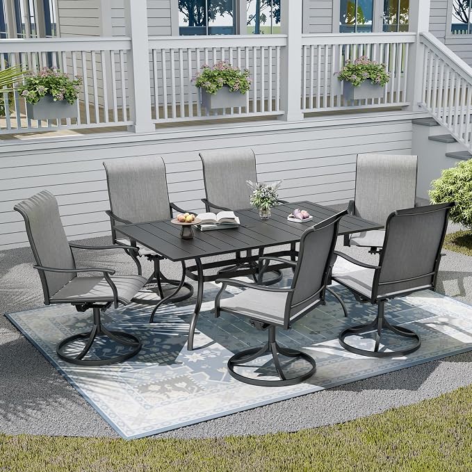 7-Piece Outdoor Dining Set with Umbrella Hole,Patio Swivel Chairs Set and 63"x 38"x 28" Outdoor Patio Table for 6,Modern Garden Dining Set for Poolside Seaside Backyard