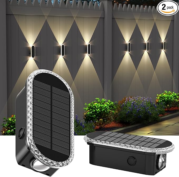 Herzila Solar Fence Lights - RGB & Warm White, LED Christmas Solar Lights Outdoor Waterproof 8 Colors,2 Lens Top and Bottom Lighting for Outdoor/Patio/Wall/Fence Pack of 2