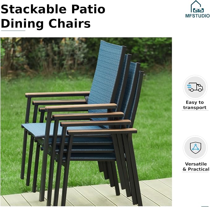MFSTUDIO 7 PCS Patio Dining Set, 54" Round Table & Aluminum Chairs, Blue | Stackbale chairs, Light-weight & space-saving, Square Table, Umbrella Hole, Patio deck, 6 person